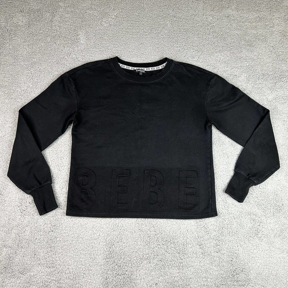 Bebe Sport Pullover‎ Sweatshirt Womens Small Black Long Sleeve Embossed Logo - Picture 1 of 8